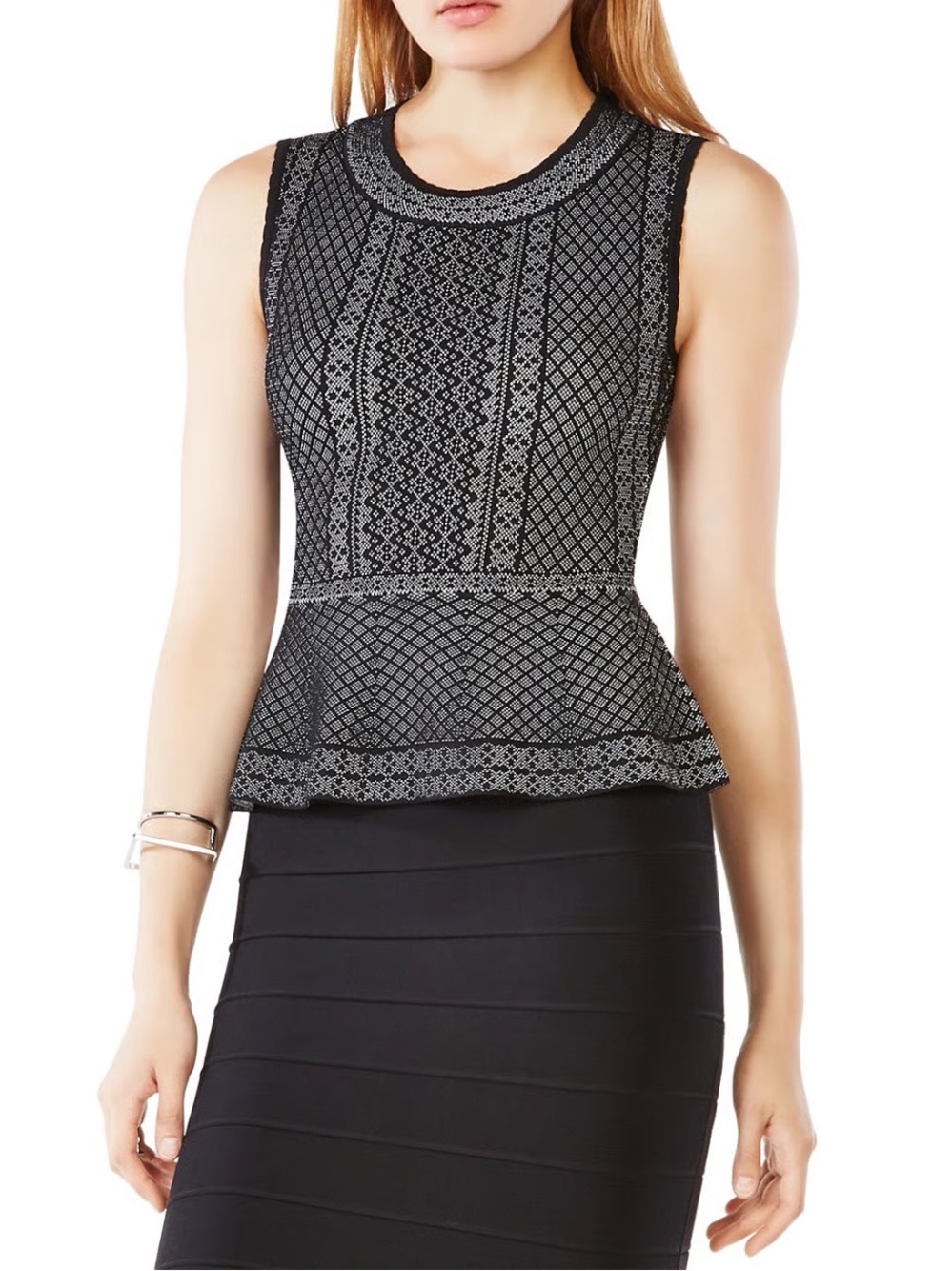 BCBGMAXAZRIA Jaylenne Textured Knit Sleeveless Peplum Top – XS/S